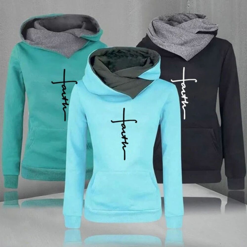 Faith Cross Double Hood Crossover Hoodie Turquoise Blue Black Sweatshirt M
